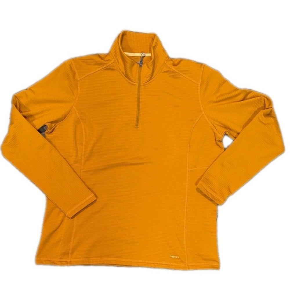 Orvis Men XL Long Sleeve Pullover 1/4 zip Sweatshirt Rib Knit Back Pocket Orange